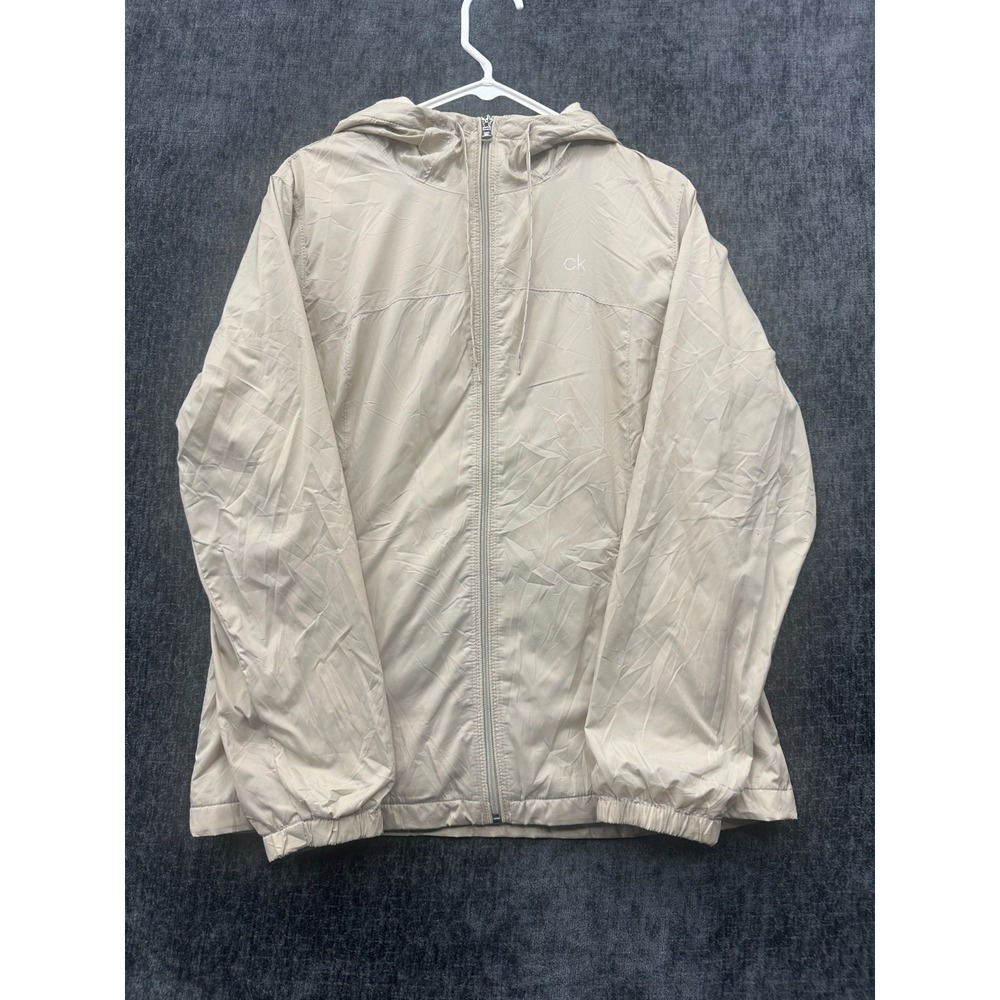 Calvin Klein Windbreaker Jacket‎ Womens M Beige Water Resistant Hooded Full Zip